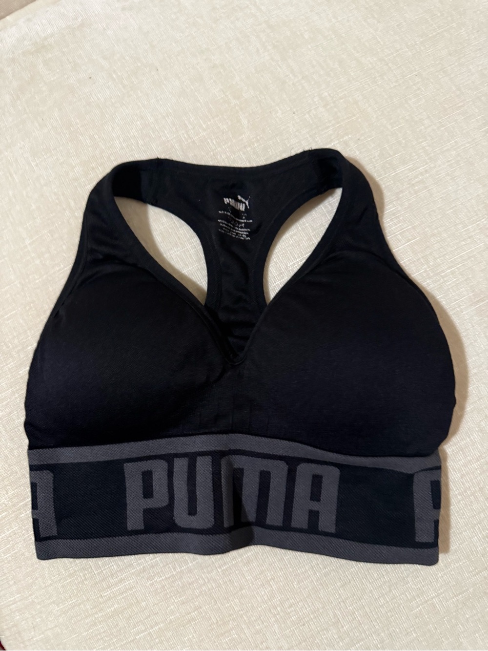 PUMA Black Racerback Supportive Sports Bra with Grey Logo Band - Picture 1 of 3